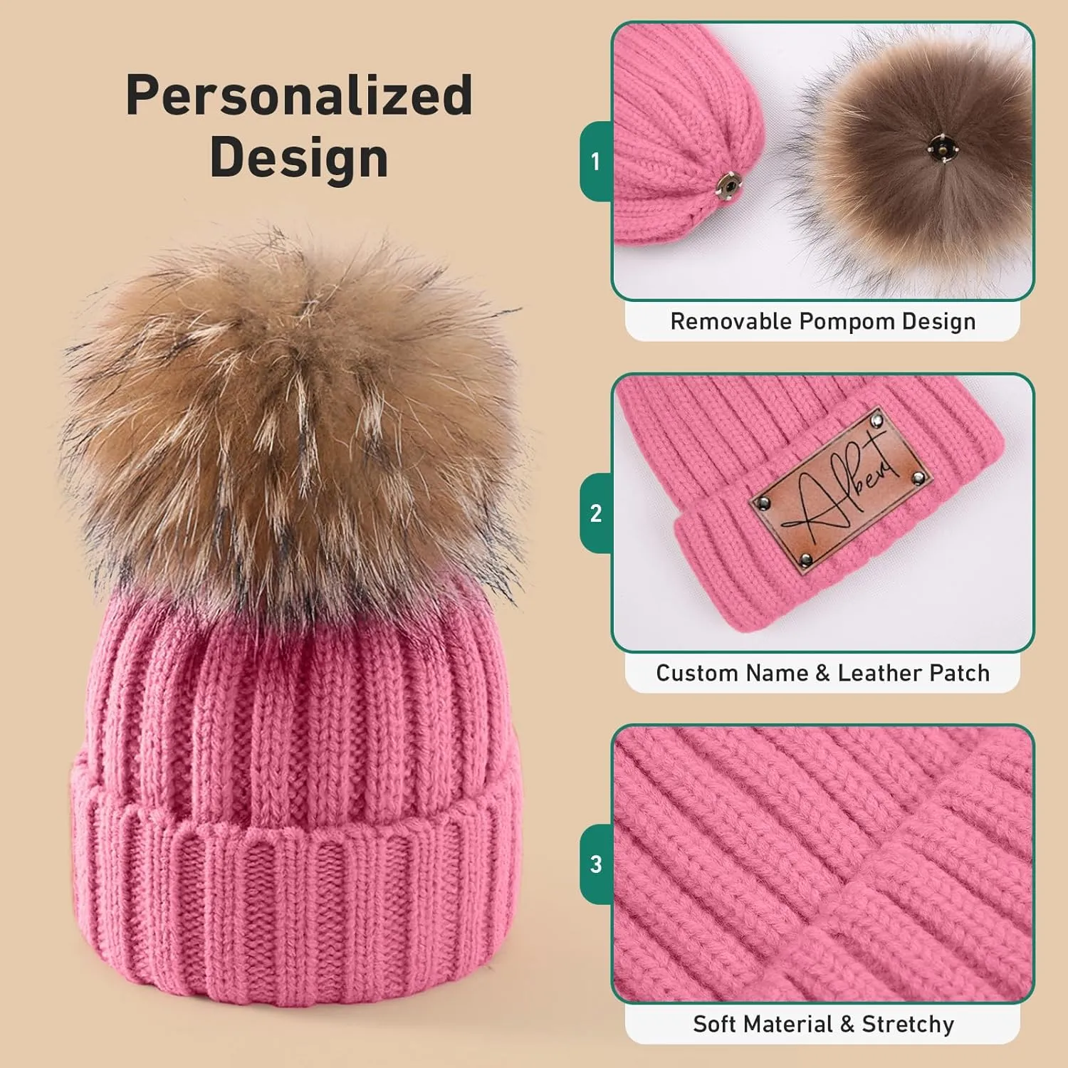 Custom Baby Beanies Winter Hats for Boys Girls - Personalized Pompom Toddler Beanies with Name for Kids Adults