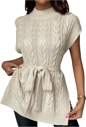 Floerns Women's Cable Knit Mock Neck Sweater Vest Cap Sleeve Split Side Belted Knitted Pullover