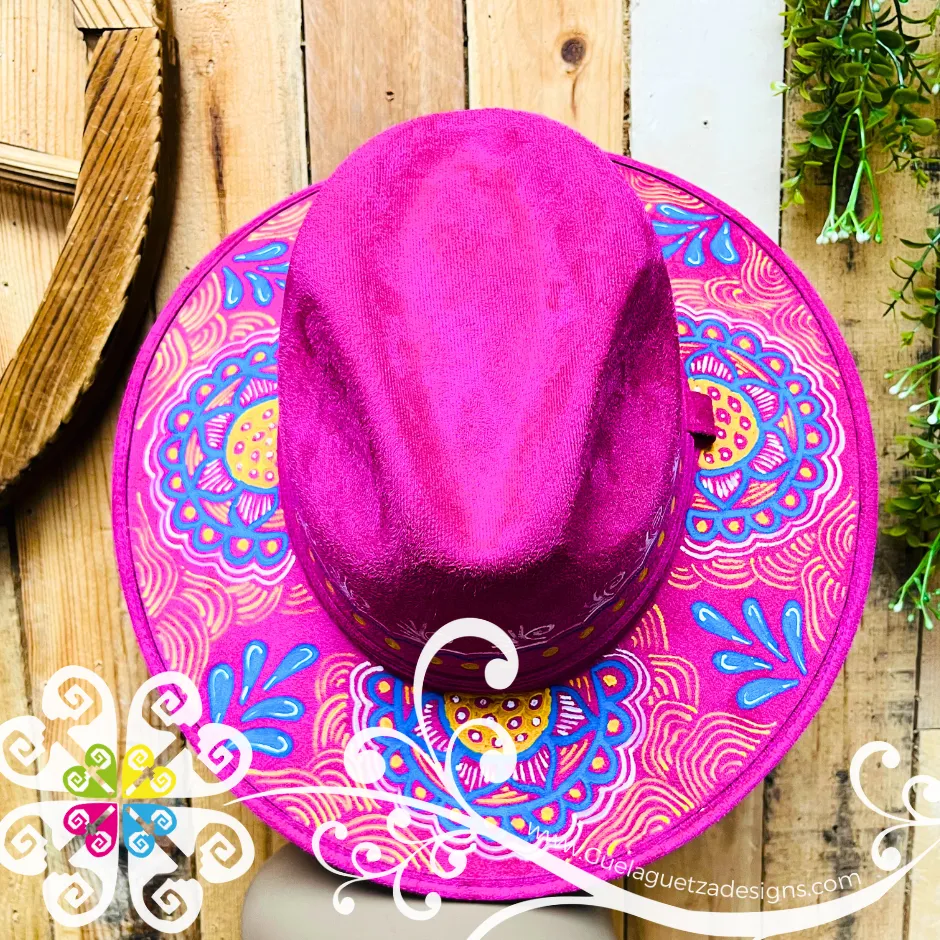 Fuchsia Indiana Mitla Velvet Hat - Hand Painted Hat