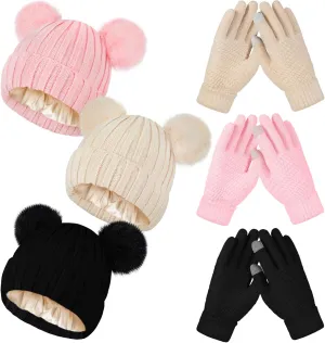 Hicarer 3 Sets Women Winter Satin Lined Beanie Hat Touchscreen Gloves Set Cable Knit Skull Cap with Two Pom Poms Cute Winter Warm Set for Cold Weather Skiing Skating, Black, Beige, Pink