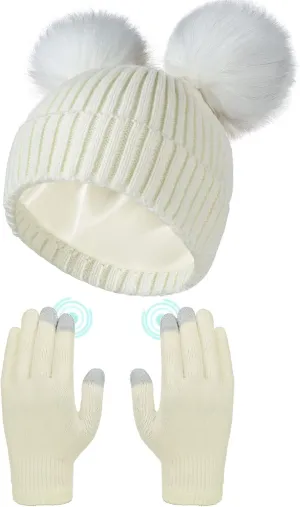 SATINIOR 2 Pieces Satin Lined Winter Hats Women Knitted Pompom Beanies Hat Touchscreen Gloves Set for Women