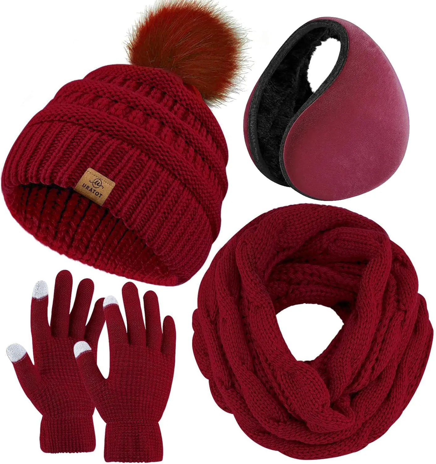 URATOT 4-In-1 Winter Warm Sets Knitted Scarf Touch Screen Gloves Beanie Pompom Hat and Winter Ear Warmer for Men or Women