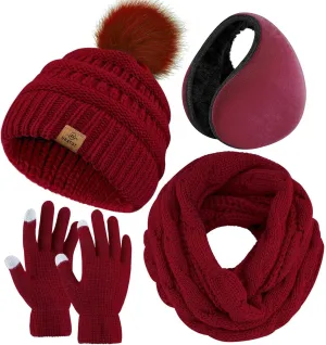 URATOT 4-In-1 Winter Warm Sets Knitted Scarf Touch Screen Gloves Beanie Pompom Hat and Winter Ear Warmer for Men or Women