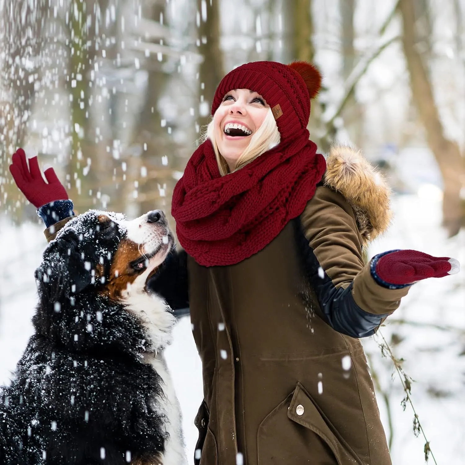 URATOT 4-In-1 Winter Warm Sets Knitted Scarf Touch Screen Gloves Beanie Pompom Hat and Winter Ear Warmer for Men or Women