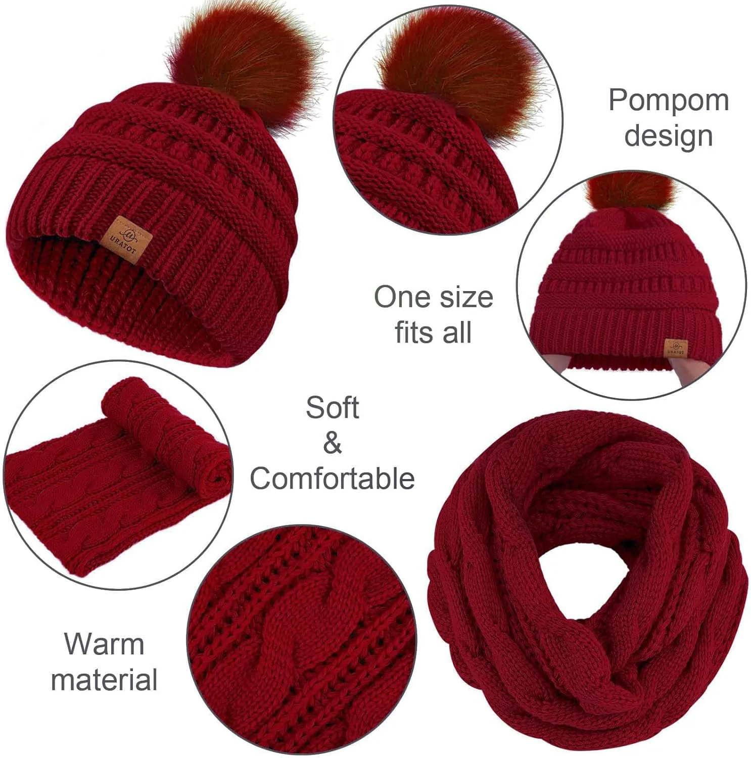 URATOT 4-In-1 Winter Warm Sets Knitted Scarf Touch Screen Gloves Beanie Pompom Hat and Winter Ear Warmer for Men or Women