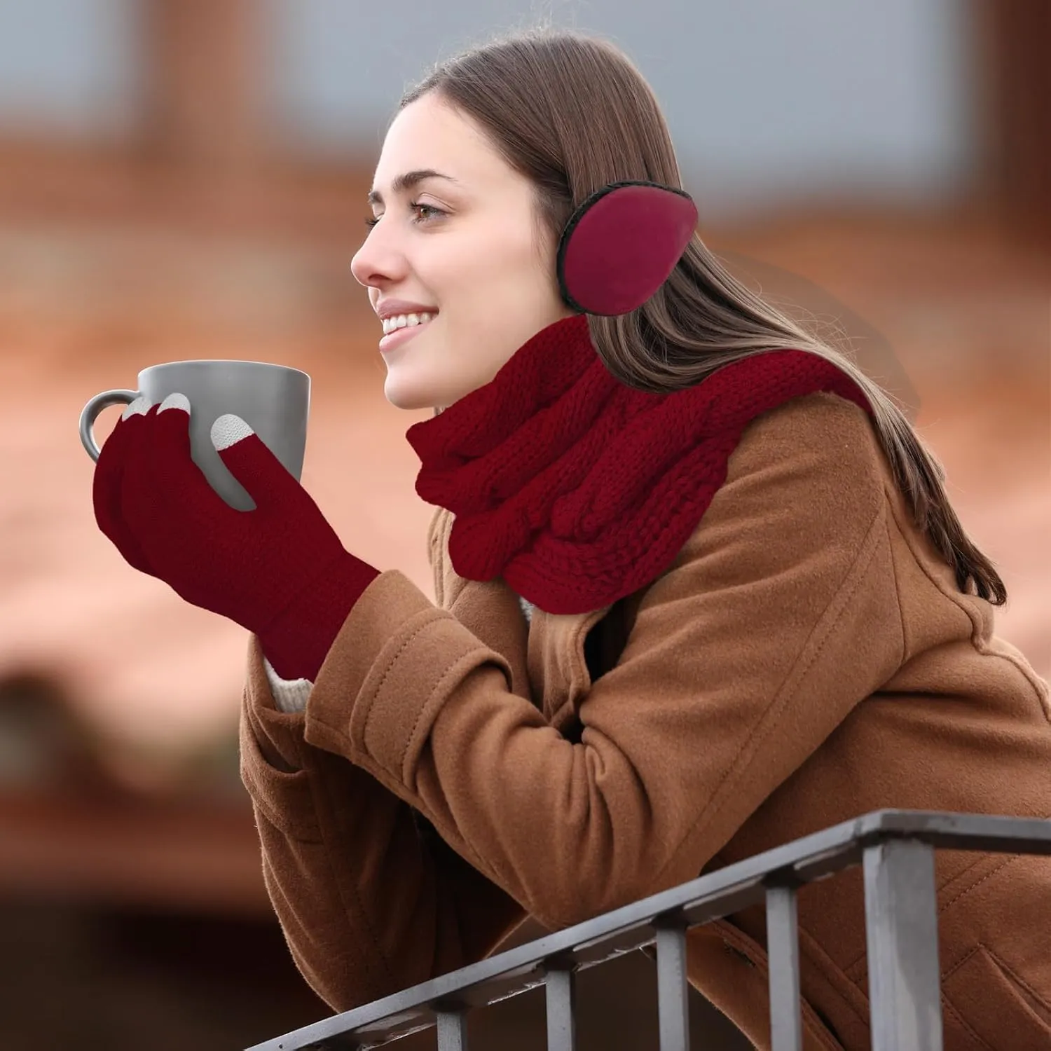 URATOT 4-In-1 Winter Warm Sets Knitted Scarf Touch Screen Gloves Beanie Pompom Hat and Winter Ear Warmer for Men or Women