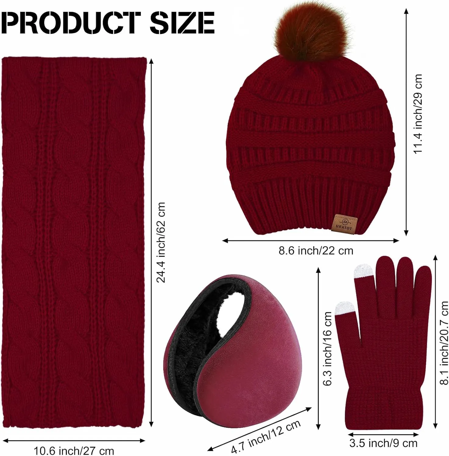 URATOT 4-In-1 Winter Warm Sets Knitted Scarf Touch Screen Gloves Beanie Pompom Hat and Winter Ear Warmer for Men or Women