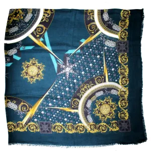 Versace Scarf Teal Gold Silver Large 55 Inch Square Cashmere Shawl
