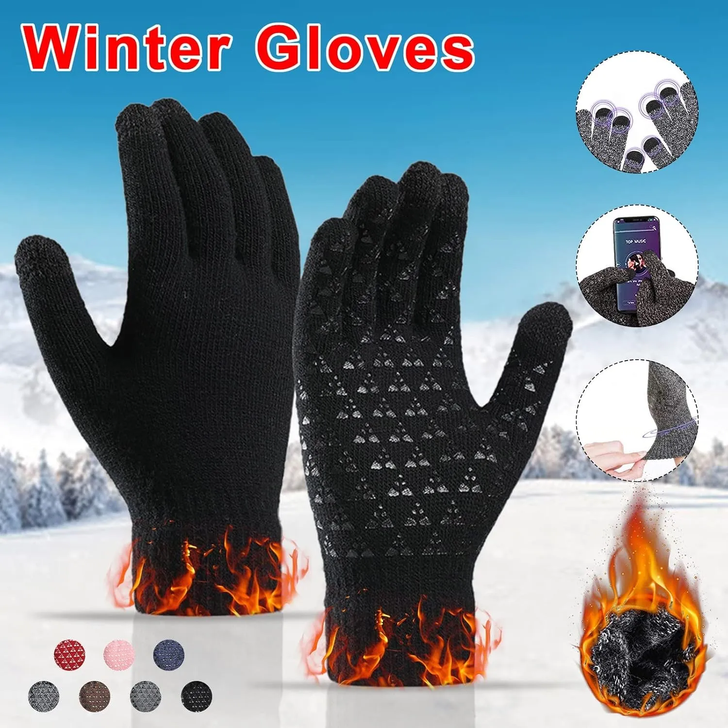 Winter Gloves,Thermal Knit Lining Full Fingers Touch Screen Warm Gloves for Driving Cold Weather Hiking Kids